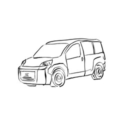 Black and white hand drawn car on white background, illustrated