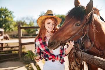 Fototapeta premium Cheerful woman cowgirl giving food to horse on ranch