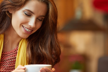 Young beautiful woman in the cafe. Warm colors.