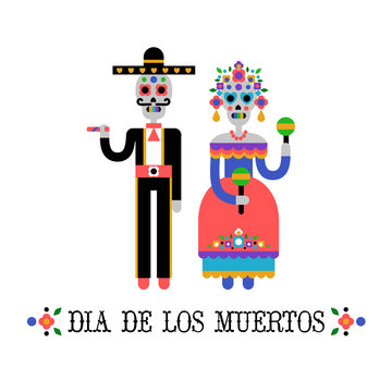 Day of the Dead (Dia de los Muertos). Mexican holiday. Vector Illustration of couple of skeletons