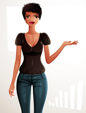 Illustration of a young pretty woman with a modern haircut. Full