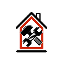 Spanner and mallet crossed, industrial utensil, building constru