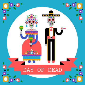 Day of the Dead (Dia de los Muertos). Mexican holiday. Vector Illustration of couple of skeletons