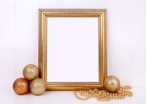 Christmas mockup styled stock photography with gold frame and gold glitter baubles, space for your quote, promotion, headline, or design, great for blogging and social media