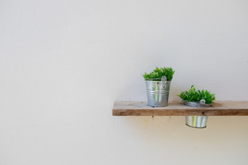 wooden shelf on mortar wall with vase zinc plant, copyspace