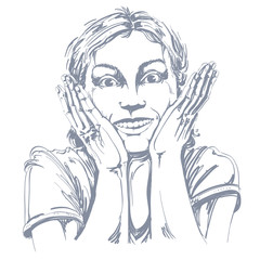 Hand-drawn portrait of white-skin surprised happy woman, gesturi
