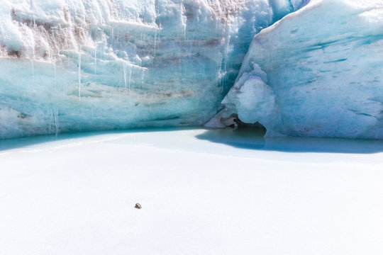  frozen ice lake glacier icicles melting, Bolivia.