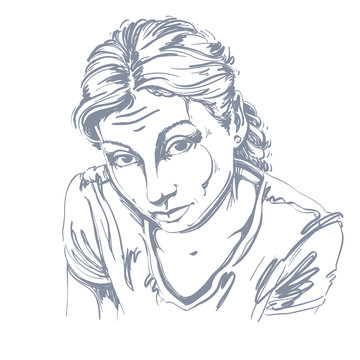 Portrait of delicate naive or blameworthy woman, black and white