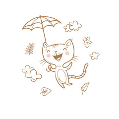 Cute cartoon cat under an umbrella. Flying kitten. Autumn season. Windy weather and falling leaves. Funny animal. Vector contour  image no fill. Children's illustration.