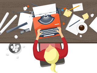 Fototapeta na wymiar Vector illustration. Flat typewriter.Laptop. Tell your story. Author. Blogging.
