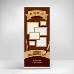 The layout of roll-up banner for the personal exhibition of paintings. The template vector.