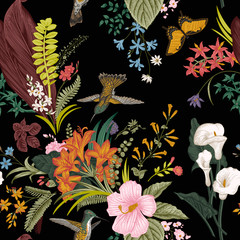 Image of Vector seamless vintage floral pattern. Exotic flowers and birds. Botanical classic illustration. Colorful printed on Printed Glass Basin Splashbacks