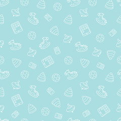 Seamless minimal vector pattern with toys. Pyramid, whirligig, phone, tablet, ball and rocking horse. For cards, invitations, baby shower albums, backgrounds, scrapbooks.