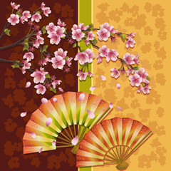 Background with two fans and sakura - Japanese cherry tree
