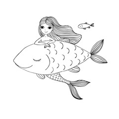Beautiful little mermaid and big fish. Siren. Sea theme.