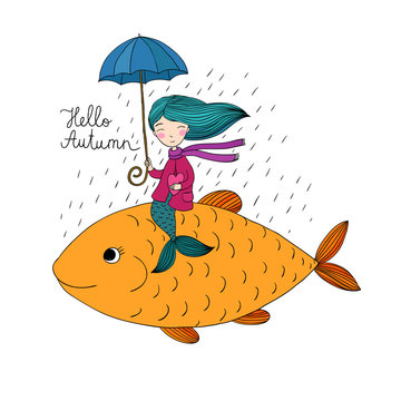 Beautiful little mermaid under an umbrella floating in the big fish.