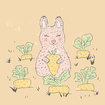 Hare with a carrot. Garden. Cute hand drawn illustration of baby card