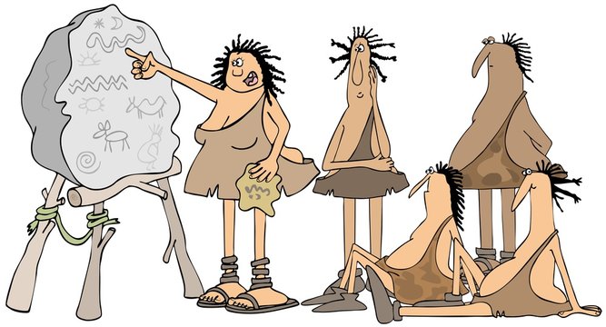 Illustration of caveman in a class being taught by a female neanderthal.