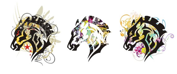 Grunge horse head - three options. Tribal mustang horse with colorful splashes