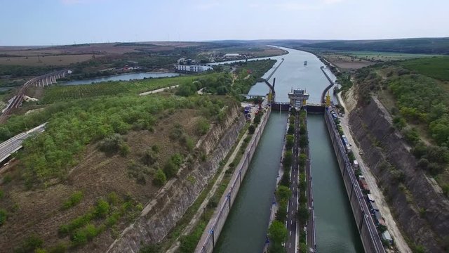 Aerial flight above Cernavoda sluice gate, Ecluza Cernavoda