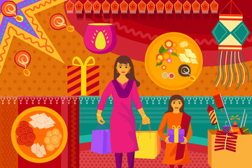 Indian lady with gift Happy Diwali festival background kitsch art India