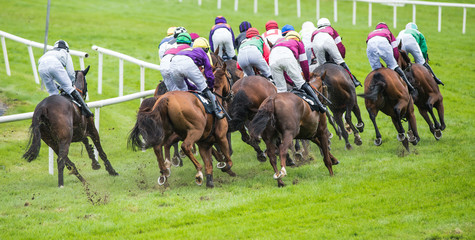 chevaux de course et jockeys tournant le coin de la piste pendant une course