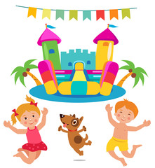 Jumping Kids And Dog And Bouncy Castle Set. Cartoon Illustrations On A White Background. Bouncy Castle Rental. Bouncy Castle For Sale. Bouncy Castle Commercial. Bouncy Castle For Kids. Castle Fun.