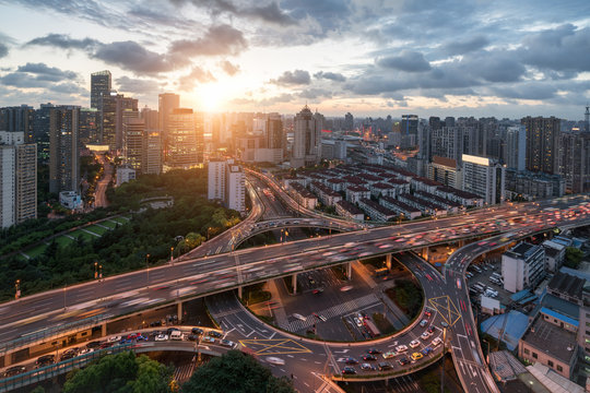 City Interchange Closeup At Busy Nightfall