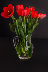 Bouquet of red tulips in a jar glass