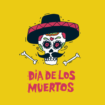 Day of the Dead. Mexican human skull in sombreros. Lettering. Hand-drawn, lino-cut. Flat design vector illustration.