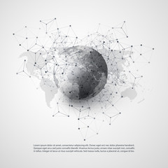 Cloud Computing and Networks with World Map - Abstract Global Digital Network Connections, Technology Concept Background, Creative Design Element Template with Transparent Geometric Grey Wire Mesh