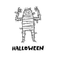 Happy halloween poster, banner, fly-er. Scarecrow. Black on white. Lettering, hand-drawn, lino-cut. Halloween party. Flat design vector illustration.