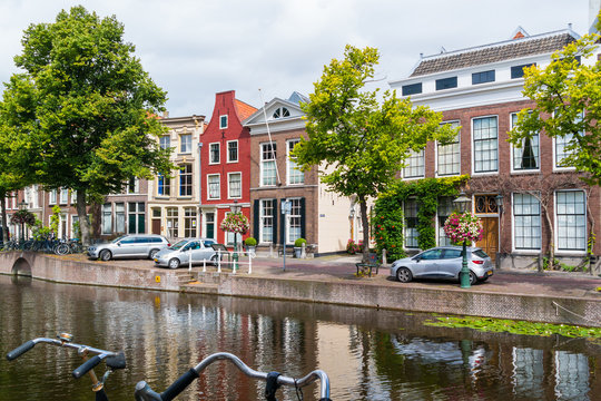Gables of historic houses on Rapenburg canal in old town of Leiden, South Holland, Netherlands