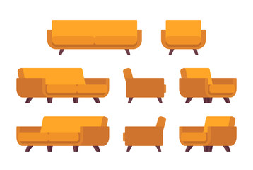 Set of retro yellow sofa and armchair isolated against white background. Cartoon vector flat-style illustration