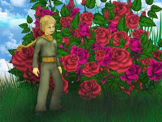 A young boy is standing near a huge bed of beautiful roses. Children's illustration.