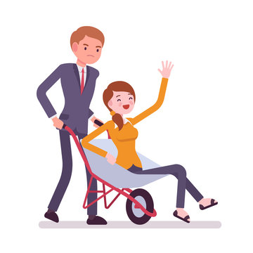 Man pushing a lady in the wheelbarrow. Cartoon vector flat-style concept illustration