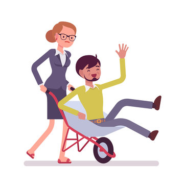Woman pushing a man in the wheelbarrow. Cartoon vector flat-style concept illustration