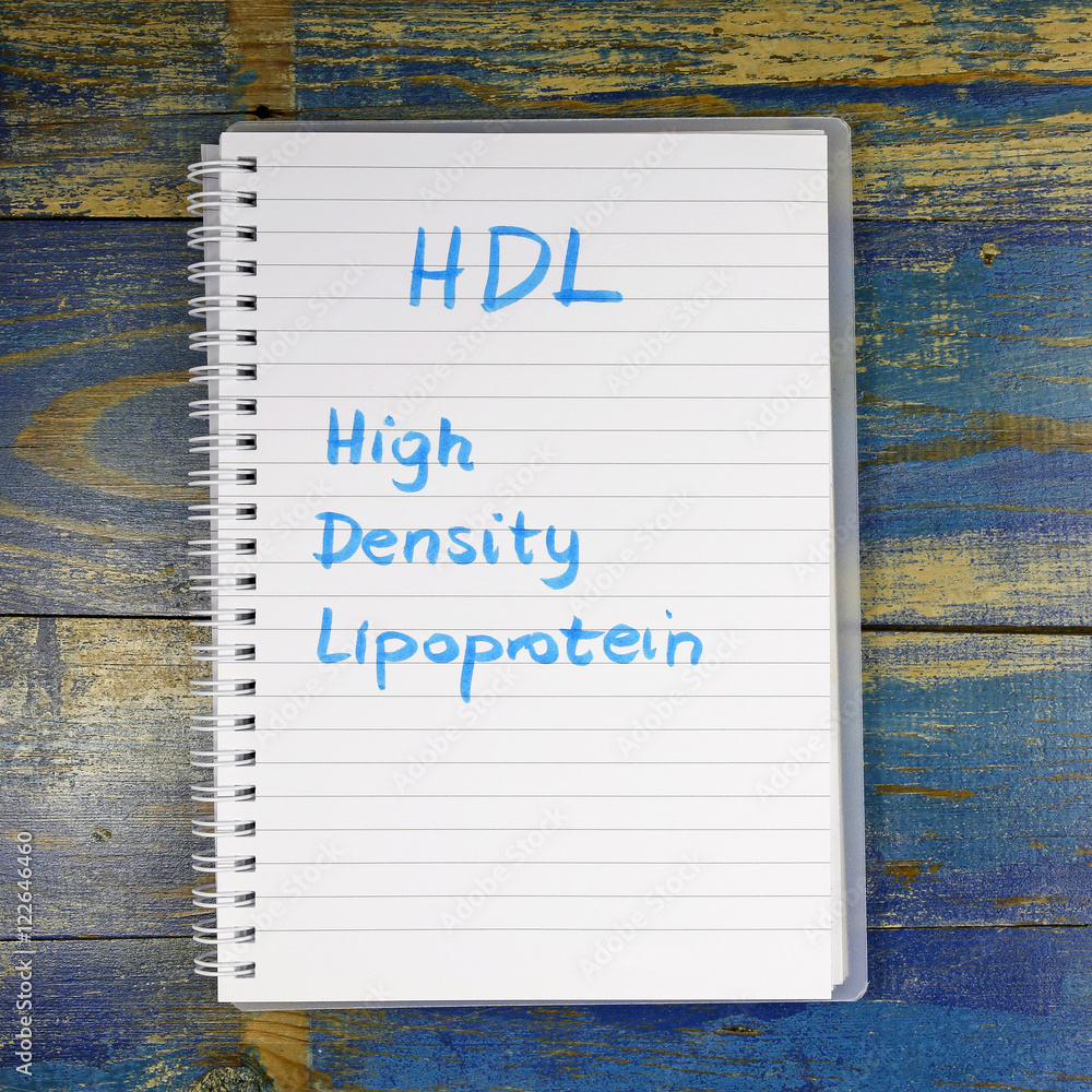 Poster hdl- high-density lipoprotein written in notebook on wooden background