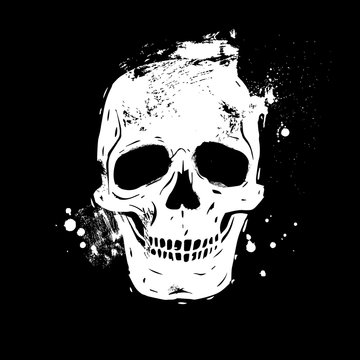 Human skull black and white isolated on white background. Day of the Dead. Hand-drawn, lino-cut. Flat design vector illustration.