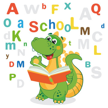 Funny Dinosaur Learn To Read Book And Colored Letters On A White Background. Cartoon School Vector Illustrations. Dinosaur Jokes. Dinosaur Meme. Funny Dinosaur Costume.