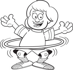 Black and white illustration of a girl playing with a hula hoop.
