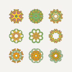 Set of ornate vector mandala symbols. Mehndi lace tattoo. Oriental weave with sharp corners.