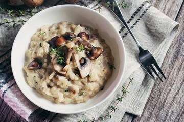 Mushroom Risotto served in a bowl, selective focus