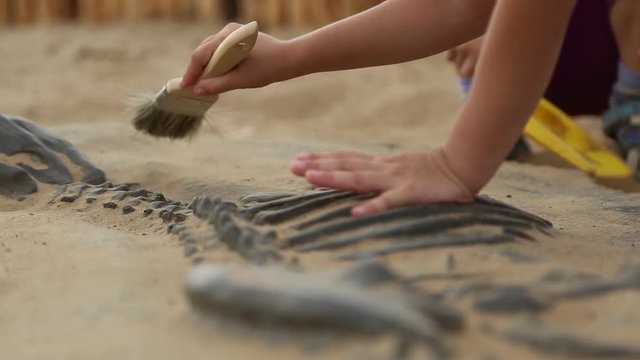 Archaeological excavation of dinosaur bones, children playing in educational game
