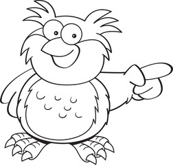 Black and white illustration of an owl pointing.
