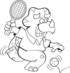 Black and white illustration of a dinosaur playing tennis.