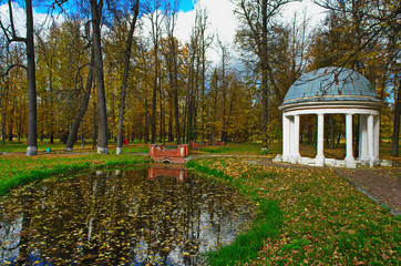 Pavilion in autumn Park. Marfino, Moscow Region, Russia.