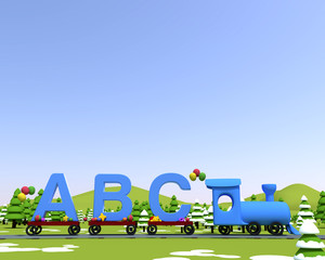 Cute blue train with ABC letters, 3d illustration