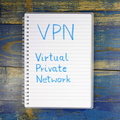 VPN- Virtual Private Network written in notebook on wooden background