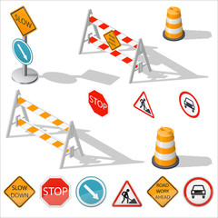 Road barriers and signs isometric detailed icon set
